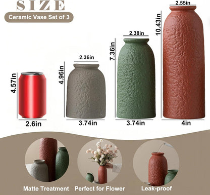 Ceramic Vase Set-3, Small Flower Vases for Decor, Modern Boho Farmhouse Style, Decorative Vases for Pampas Grass & Dried Flowers, Distressed Finish (Beige)