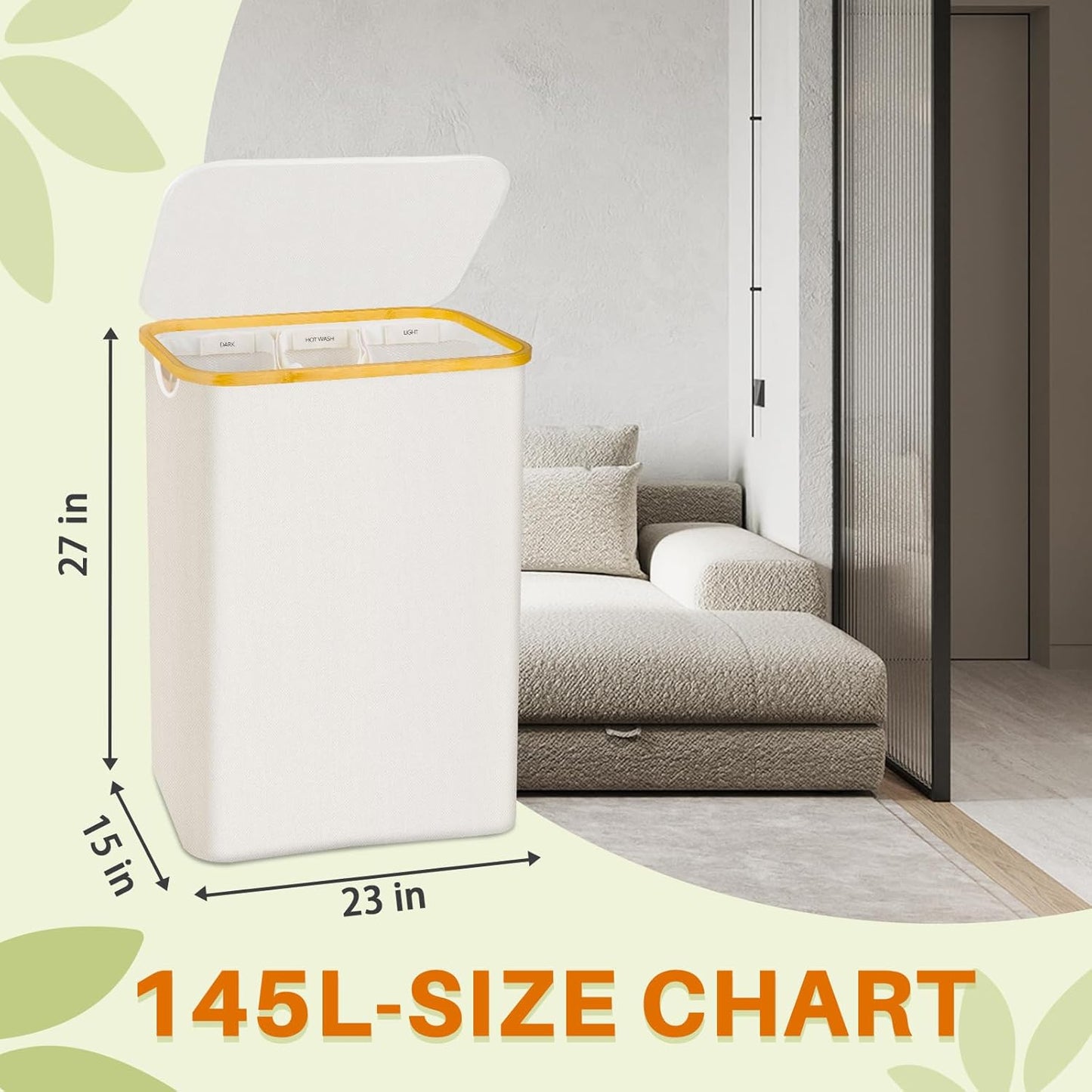 160L Laundry Hamper with Lid, 3 Section Laundry Basket with 3 Removable Bag | Clothes Hampers for Laundry with Bamboo Frame Handle, Large Dirty Clothes Hamper for Laundry Room, Bathroom, Bedroom, Black