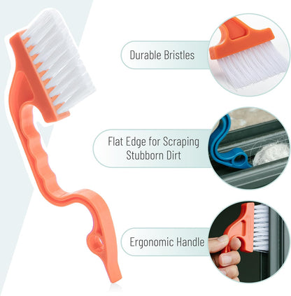 Slick- Window Track Cleaning Brush, 2 Pack, Blue Ergonomic Handle | Built-in Scraper, Multipurpose Window Track Cleaning Tool for Sliding Doors, Windows, Corners, Dust, Dirt & Narrow Gaps