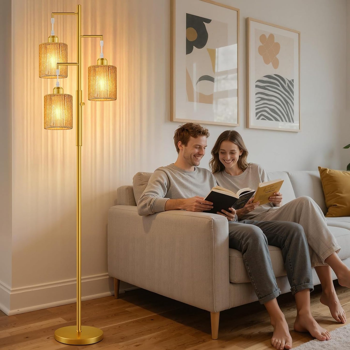 Hotsonic 72" Tall Boho Rattan Style Floor Lamp with Hand-Woven Paper Cord Shade, Dimmable Industrial Tree Standing Lamp for Living Room, Bedroom, Study Room, Office (3 x 800LM Bulbs Included) - Black