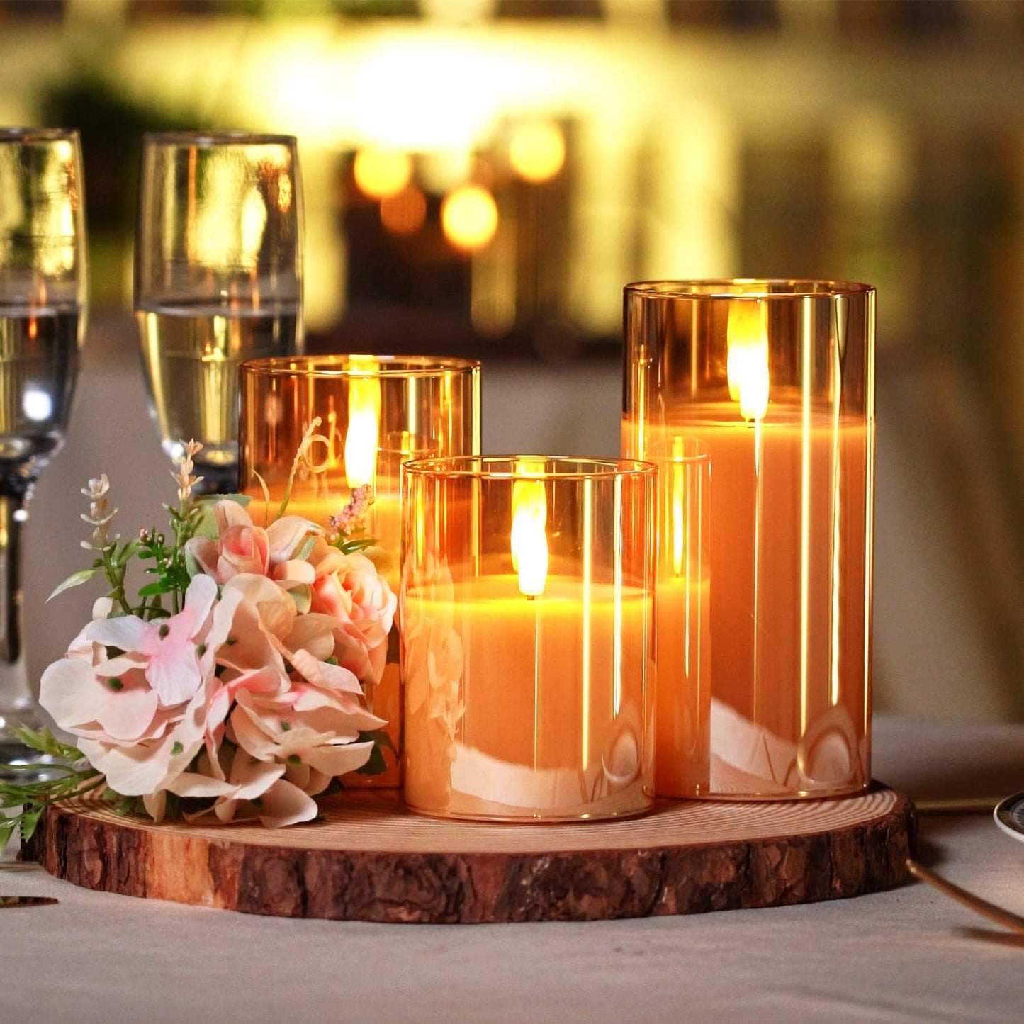 Homemory Green Glass Flameless Candles, Battery Operated LED Pillar Candles with Remote Control and Timer, Radiance Candles, Real Wax, Set of 3,D3 xH4 5" 6"