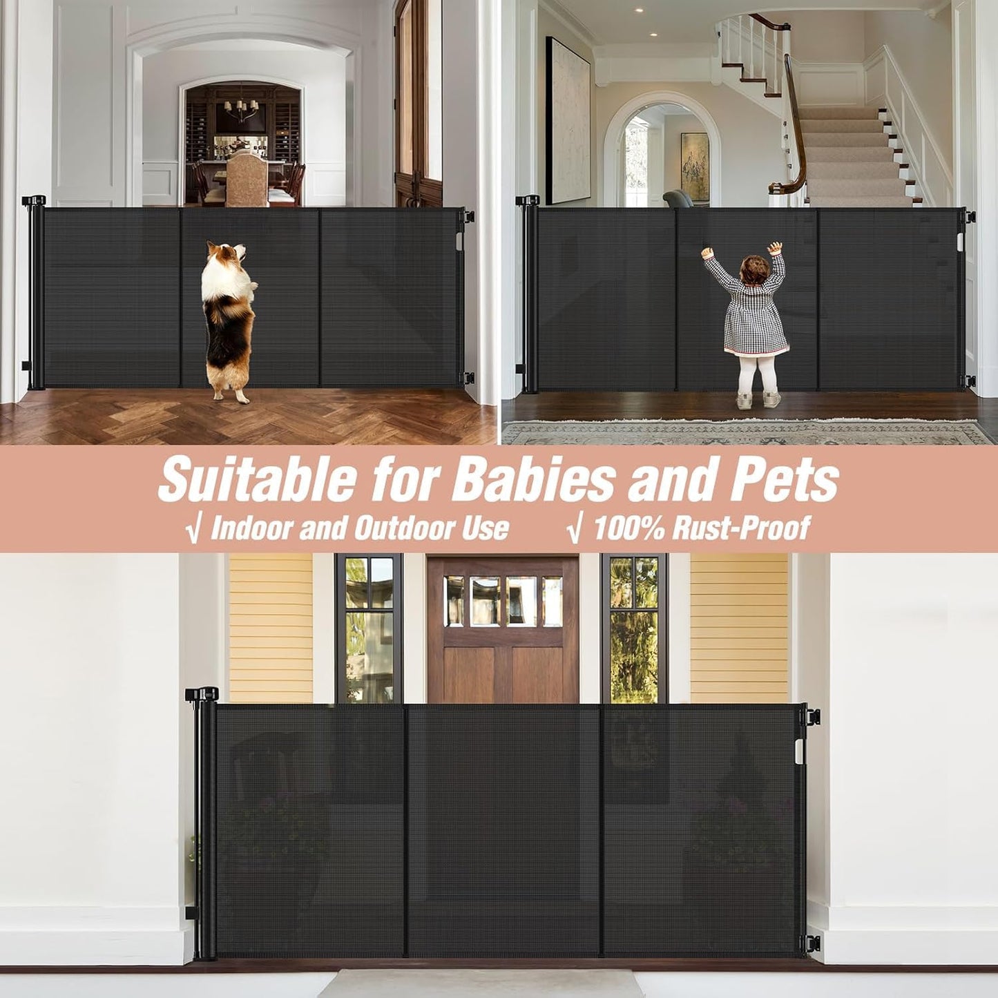 Newly Enhanced - 42" Tall × 120" Extra Wide Retractable Baby Gate Keeps Pets from Getting Under Tall Dog Gate, Indoor/Outdoor Baby Gates for Dogs, Retractable Dog Gate for Large Openings, White
