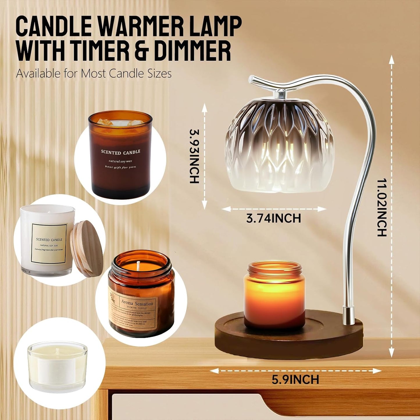 Fragrance Candle Warmer Lamp with 2 Bulbs Electric Candle Warmer with Timer & Dimmer for Home Decor