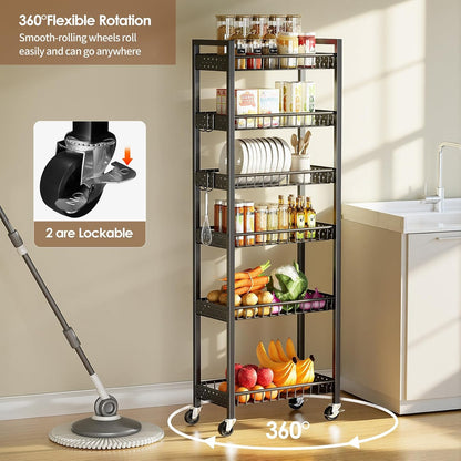 Slim Storage Rolling Cart, 4 Tier Narrow Cart with Wheels, Metal Kitchen Rolling Cart for Small Spaces, Slide Out Storage Shelves for Kitchen, Laundry Room, Bathroom, Living Room, 7.1in(W)
