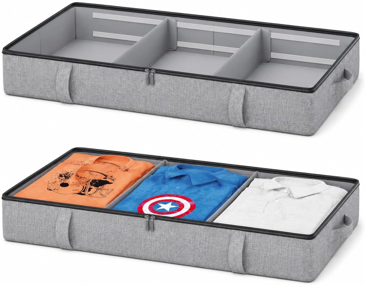 Vailando Side-Supported Under Bed Storage Containers, 6 Inches Tall 60L Underbed Storage Bins with Sturdy Handles and Sidewalls, Closet Organizer for Clothes, Blankets, Seasonal Items, Beige, 2-Pack