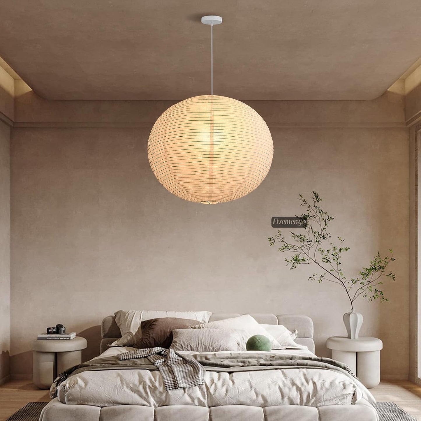 Large Rice Paper Pendant Light Kit, 20in White Globe Paper Lantern Lights, E26 Base, Japanese Hanging Lantern Lamp Japandi Chandelier for Dining Room Bedroom Office Living Room