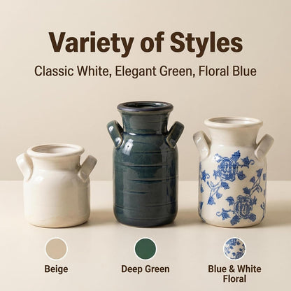 Ceramic Vase Set of 3 with Handles, Green White Neutral Rustic Modern Farmhouse Boho Decor, Versatile as Table Centerpiece or Mantel & Shelf Accent - Unique Home Gift Idea