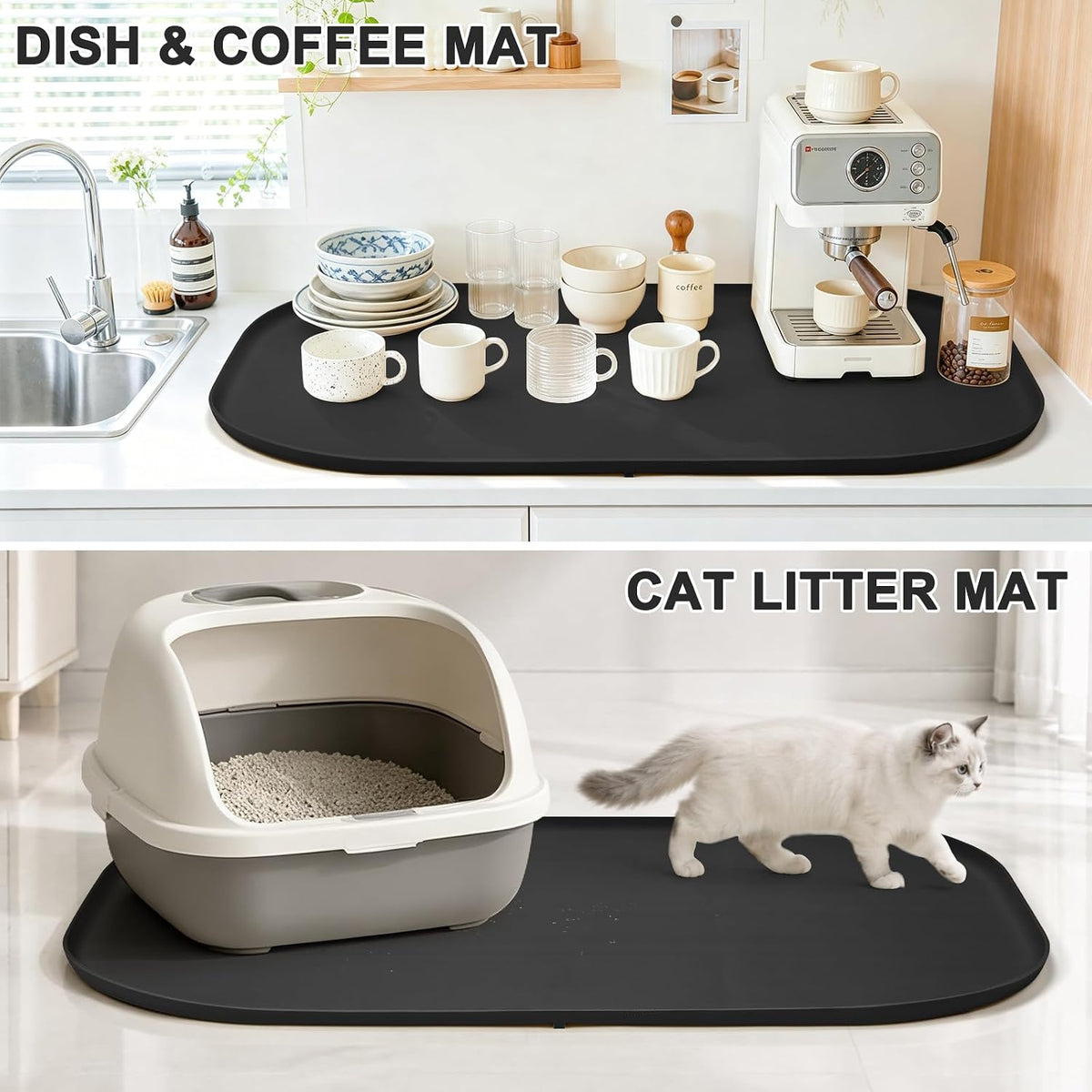 SMILOOL Silicone Pet Food Mat with Raised Edge for Food and Water Bowl, Dog Feeding Mats, Cat Food Trays for Floor Waterproof, Rubber Tray for Dogs and Cats, 19 x 12 x 0.7 Black