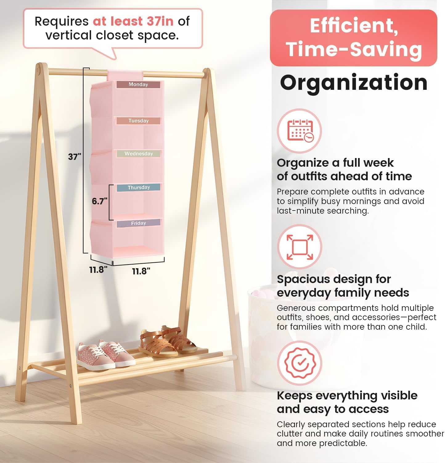Weekly Clothes Organizer for Kids, 5-Shelf Kid Hanging Closet Organizer w/ 6 Side Pockets, Labeled Weekly Outfit Organizer for Kids, Days of The Week Clothes Organizer Monday Through Friday White
