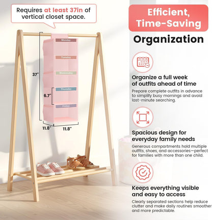 Weekly Clothes Organizer for Kids, 5-Shelf Kid Hanging Closet Organizer w/ 6 Side Pockets, Labeled Weekly Outfit Organizer for Kids, Days of The Week Clothes Organizer Monday Through Friday White