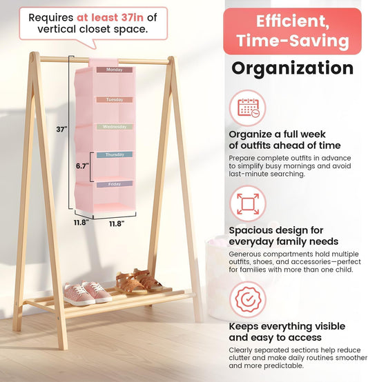 Weekly Clothes Organizer for Kids, 5-Shelf Kid Hanging Closet Organizer w/ 6 Side Pockets, Labeled Weekly Outfit Organizer for Kids, Days of The Week Clothes Organizer Monday Through Friday White