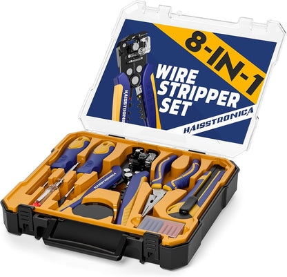 haisstronica 8 IN 1 Self-Adjusting Wire Stripper Household Tool Kit, Professional Electrician Tool Set, Needle Nose Pliers, Screwdriver, Voltage Detector Pen, Knife, Insulating Tape, Wire Connectors