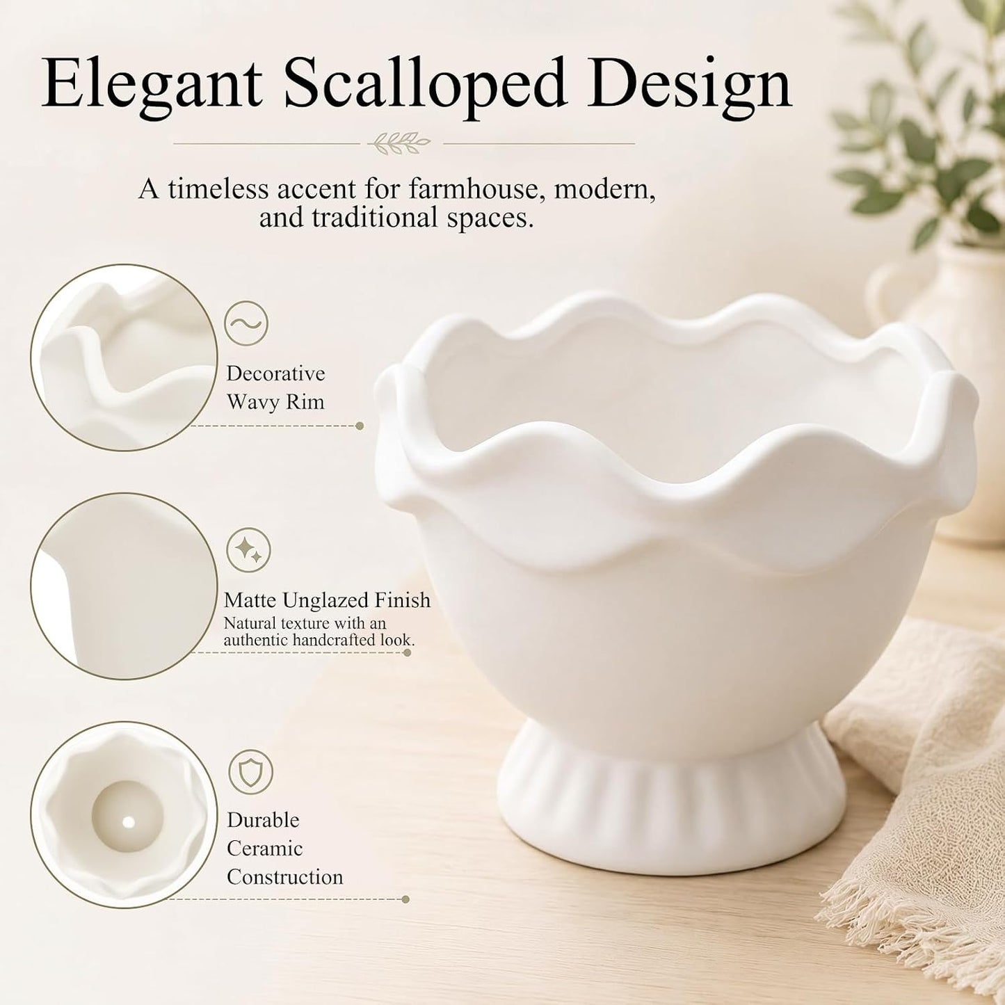 3 Pack White Ceramic Vase Set Small Rustic Decorative Vases Home Decor Wavy Edge Modern Flower Vases for Farmhouse Table Centerpiece Living Room Kitchen Bedroom (5.7,6.7,7.9in,Elegant)