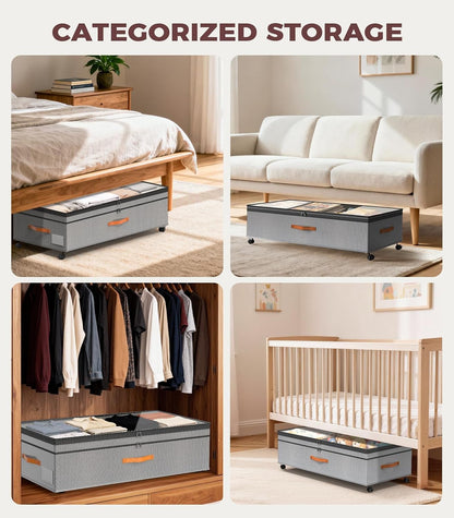 Under Bed Storage with Wheels, 35.5 inches Underbed Storage Large Capacity Under Bed Rolling Containers, 2 Pack Under the Bed Storage for Clothes, Shoes, Blankets (Deep Black)