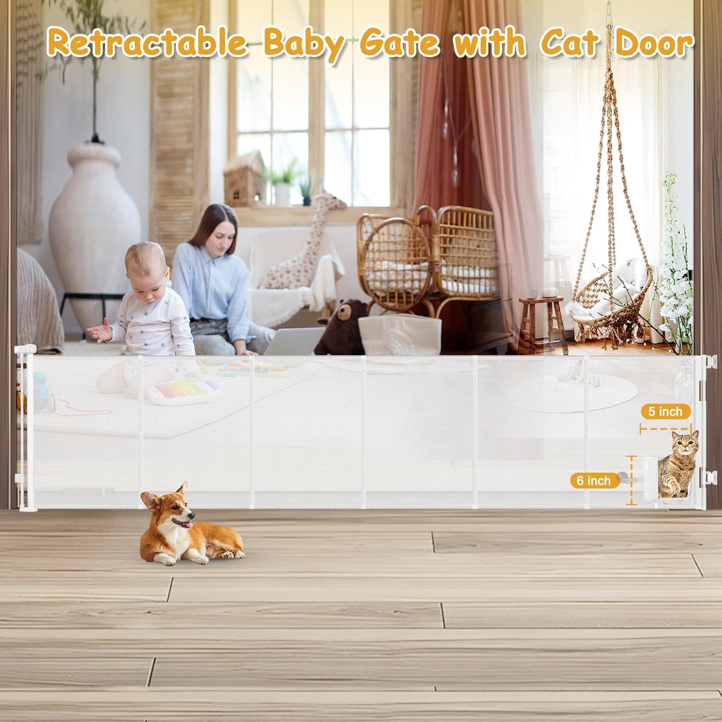 Reinforced 150” Extra Wide Pet Gate with Door 37 Inch Tall Retractable Dog Gates for Doorways Extra Wide Baby Gates for Large Openings with Reinforced Strips 12.5ft Large Dog Gate with Cat Door, White