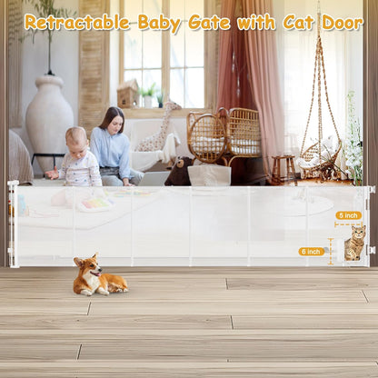 Reinforced 150” Extra Wide Pet Gate with Door 37 Inch Tall Retractable Dog Gates for Doorways Extra Wide Baby Gates for Large Openings with Reinforced Strips 12.5ft Large Dog Gate with Cat Door, White
