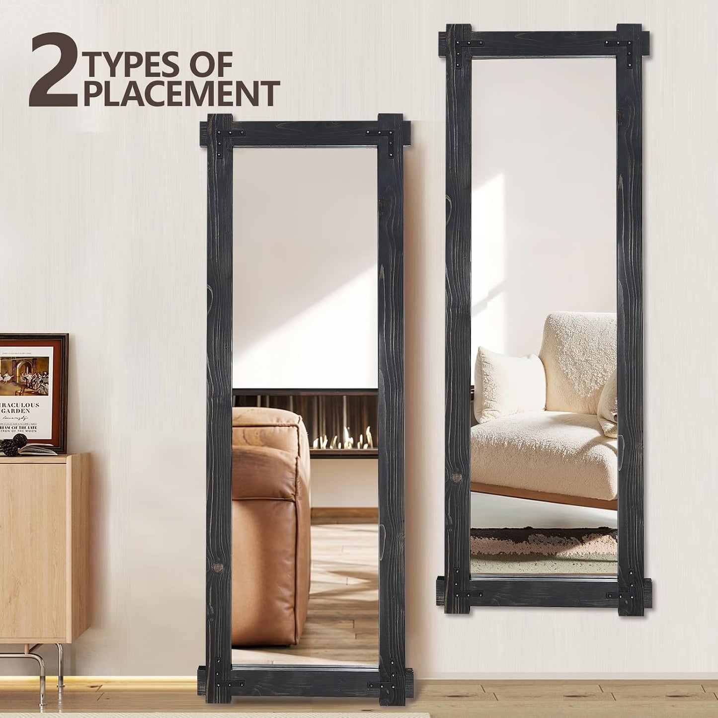 65x24 Inch Full Length Mirror, Pine Frame Full Body Standing Mirror with Metal Decorative, Black