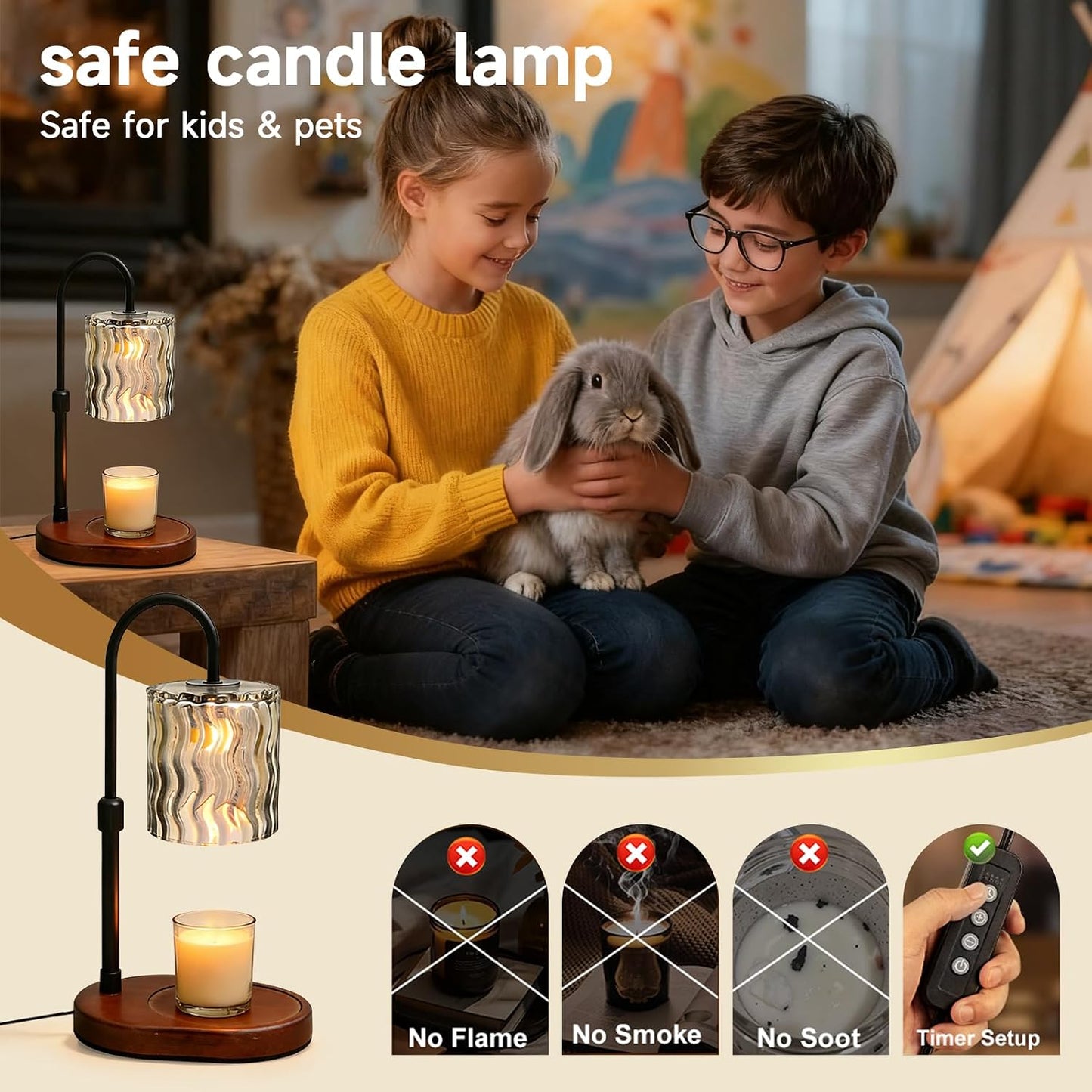 Candle Warmer Lamp with Timer, Dimmer, Vintage Glass Shade | Adjustable height, 2/4/8-hour timer, wood base, 2 bulbs included