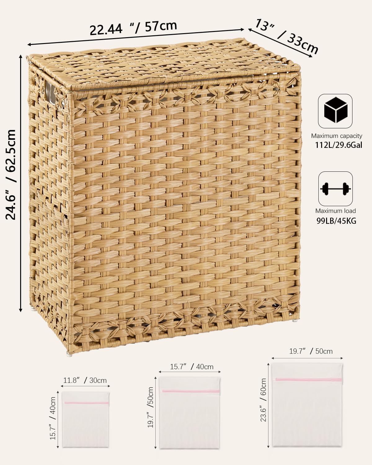 SETVSON Laundry Hamper with Lid Laundry Basket 132 L (35 Gal) Wicker Clothes Hamper, Handwoven Rattan Hamper with Handles and 4 Removable Liner Bags, 6 Mesh Bags for Laundry Bedroom Natural