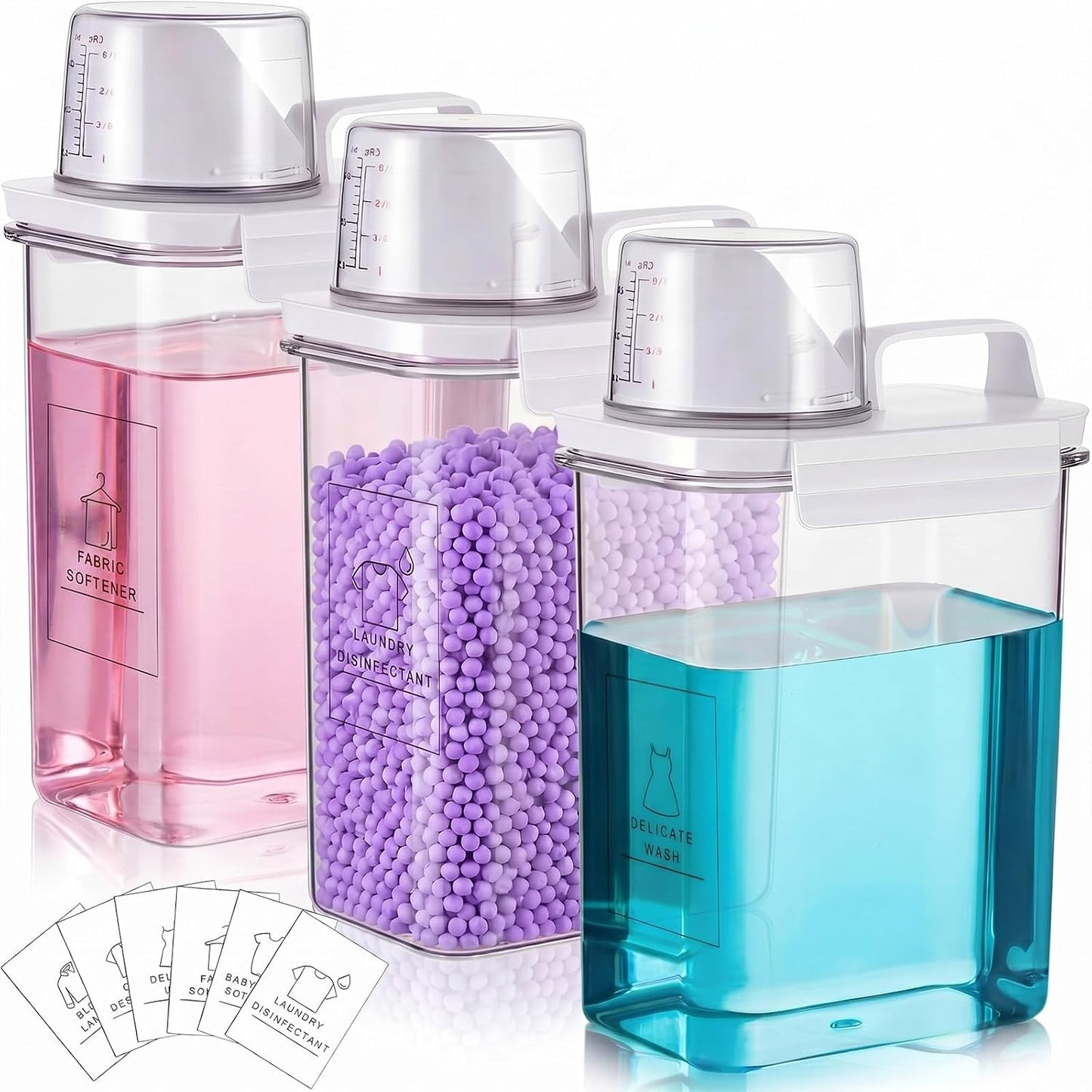Tatuo 3 Pack Laundry Detergent Dispenser 37 oz Clear Liquid Container with 6 Removable Labels, Fabric Softener Pet Plastic Detergent Dispenser for Laundry Room Organization and Storage
