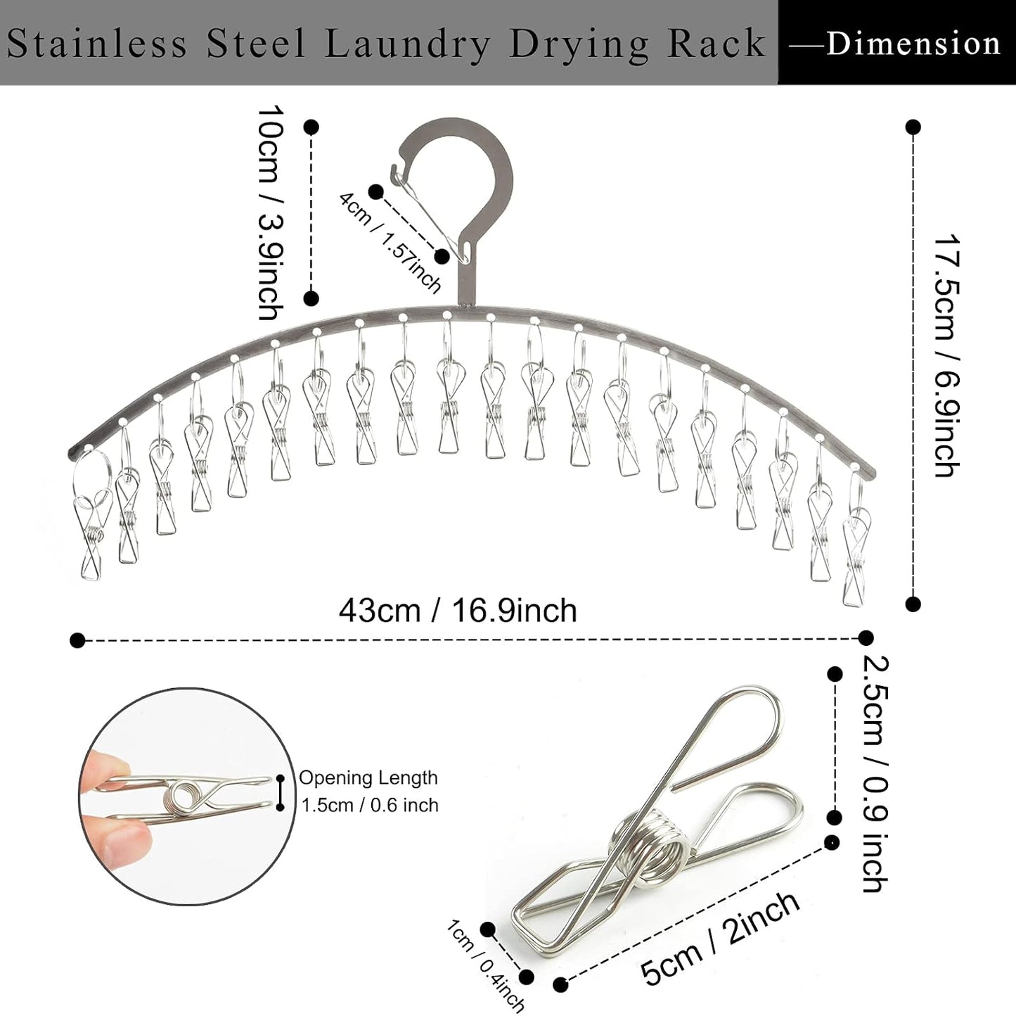 JDYOOMI 2 Pack Stainless Steel Laundry Drying Rack Windproof Clothes Hangers with 20 Clips for Drying Socks,Towels,Diapers,Bras,Baby Clothes,Underwear,Scarfs,Hats,Gloves - Upgraded Type