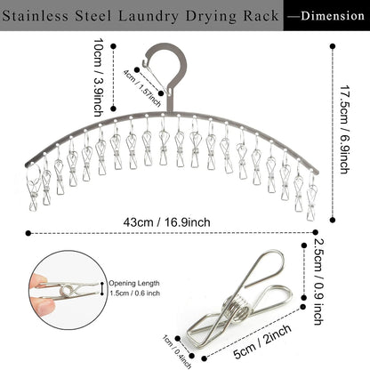 JDYOOMI 2 Pack Stainless Steel Laundry Drying Rack Windproof Clothes Hangers with 20 Clips for Drying Socks,Towels,Diapers,Bras,Baby Clothes,Underwear,Scarfs,Hats,Gloves - Upgraded Type