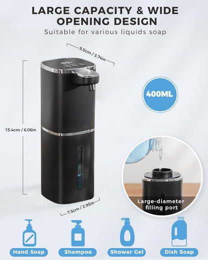 2 Pack Automatic Foaming Soap Dispenser, 13.5oz/400mL, USB Rechargeable,9- Adjustable Foam Levels, IPX5 Waterproof, Touchless & Wall/Tabletop Use for Kitchen Bathroom, Black