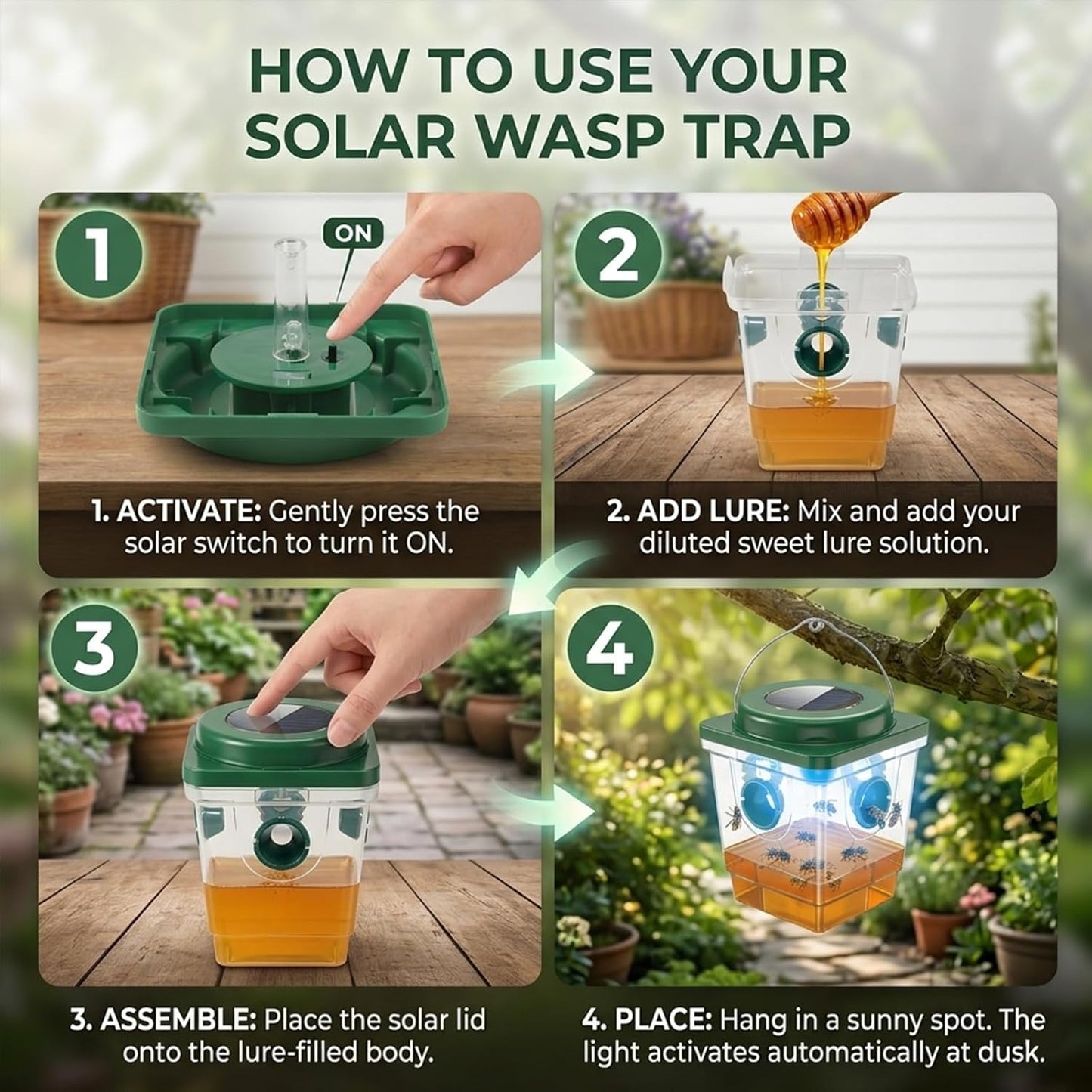 4 Pack Solar Wasp Traps Outdoor Hanging: Reusable Yellow Jacket Traps with LED Light - Effective Solar Powered Carpenter Bee Traps for Deck - Waterproof Wasp Deterrent for Garden & Yard (4)