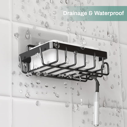 Adhesive Soap Bar Holder for Shower Wall, Self Draining Soap Dish Container Caddy Saver with 2 Hooks for Razor Loofah, Shampoo Sponge Tray Case Box for Bathroom Kitchen Sink, Black
