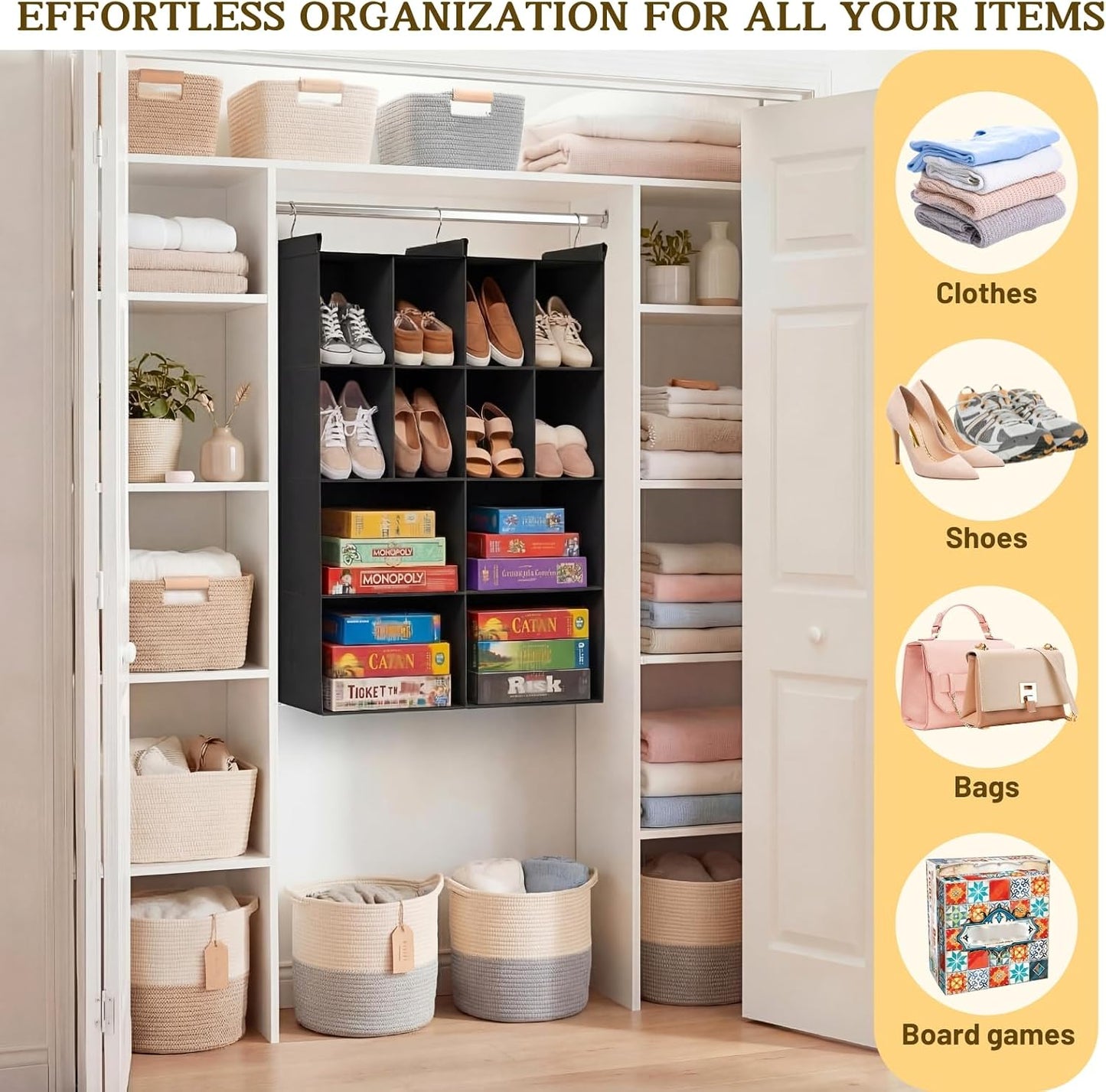 Ofiray-home 6 Tier Hanging Closet Organizer, 16 Compartments Sweater Organizer for Closet with 3 Sturdy Hooks, Closet Organizers and Storage, Wardrobe, Rv, Garment Rack, Grey