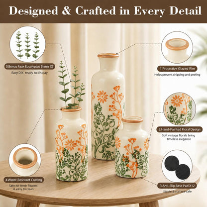 TBWIND Ceramic Vases Set of 3, Neutral Pottery Rustic Farmhouse Flower Vase | Small Decorative Flower Vases Modern Home Decor for Table Mantel Entryway Bookshelf Living Room Kitchen Bedroom
