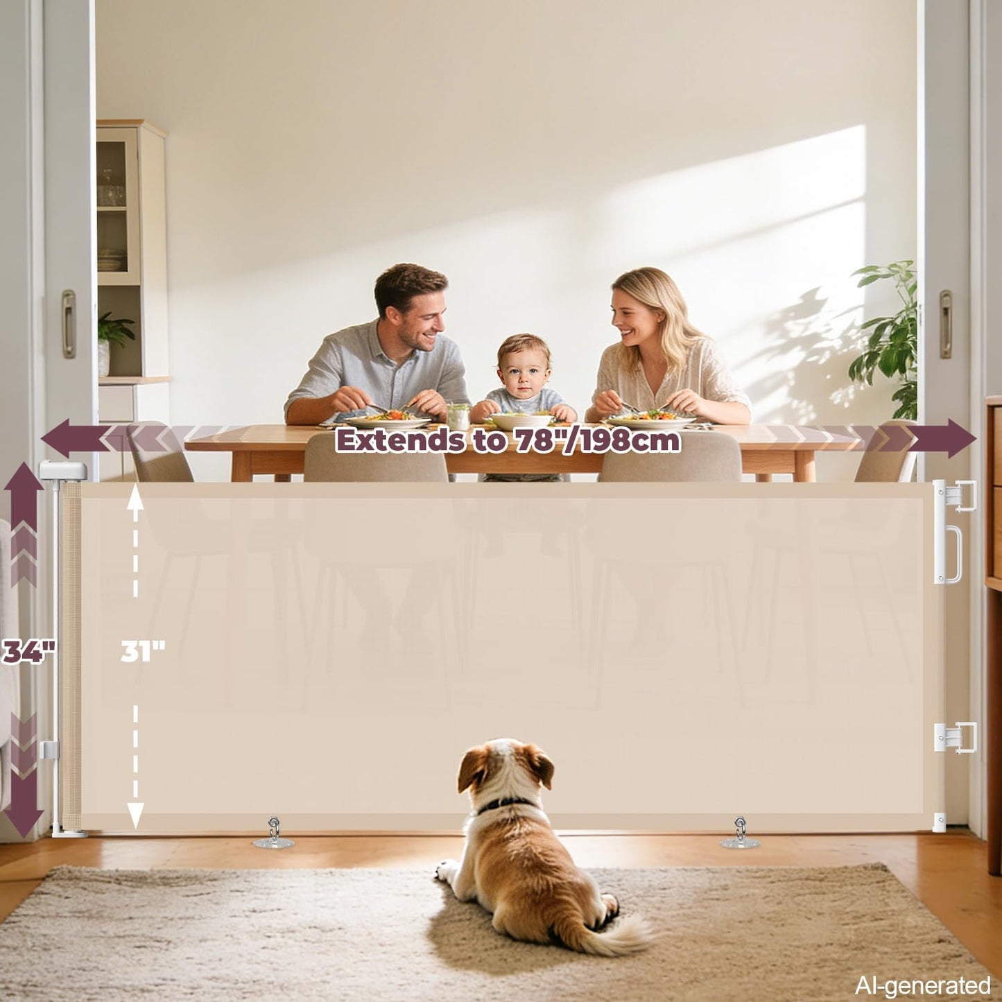 Retractable Baby Gates for Doorways, 58" Extra Wide Mesh Child Dog Gate for Stairs, 34" Tall Toddler Pet Gate Indoor and Outdoor, Easy Install, Essential for Home Safety, Black