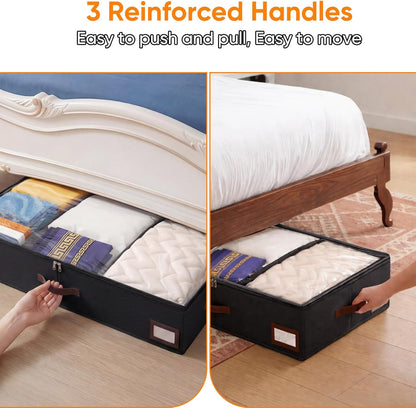 OIAHOMY 2 Pack 53L Under Bed Storage with Adjustable Dividers, 6" Low Profile Underbed Storage Bins for Comforters & Clothes, Save Closet Space with Clear View Lid & Reinforced Handles, Grey