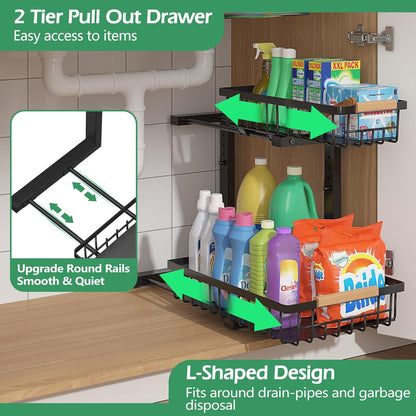 ADRIMER Under Sink Organizer 2 Packs, Pull Out Kitchen Sink Organizer, 2 Tier Slide Out Kitchen Organizers and Storage Bathroom Under Cabinet Storage Shelf, Transparent & White