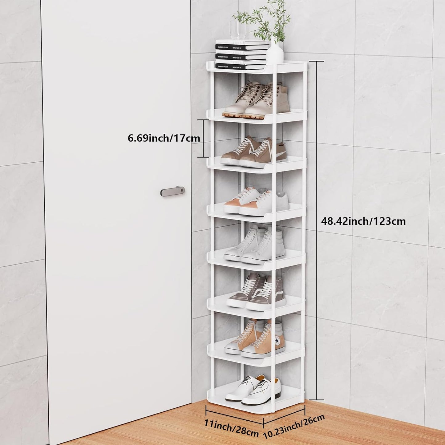 6 Tier Vertical Narrow Shoe Rack, Stackable Tall Skinny Shoerack, Compact Single Shoes Storage Tower for Slim Space, Corner Plastic Shelves, for Hallways, Entryway, Bedrooms Organizer, Black