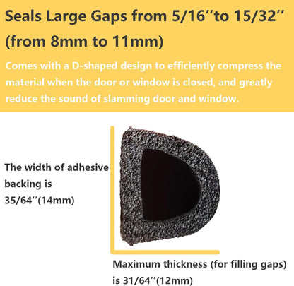 VITAM AMO Weather Stripping Seal Strip for Doors Windows 18 Feet, Self-Adhesive Backing Seals Large Gap (from 5/16 inch to 15/32 inch), Easy Cut to Size
