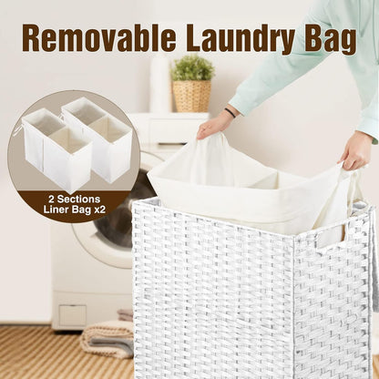 Greenstell Laundry Hamper with 2 Removable Liner Bags, Foldable Divided Clothes Hamper, 90L Handwoven Rattan Laundry Basket with Lid and Handles, No Assembly Needed, 18.3x13.3x24 Inches, Black