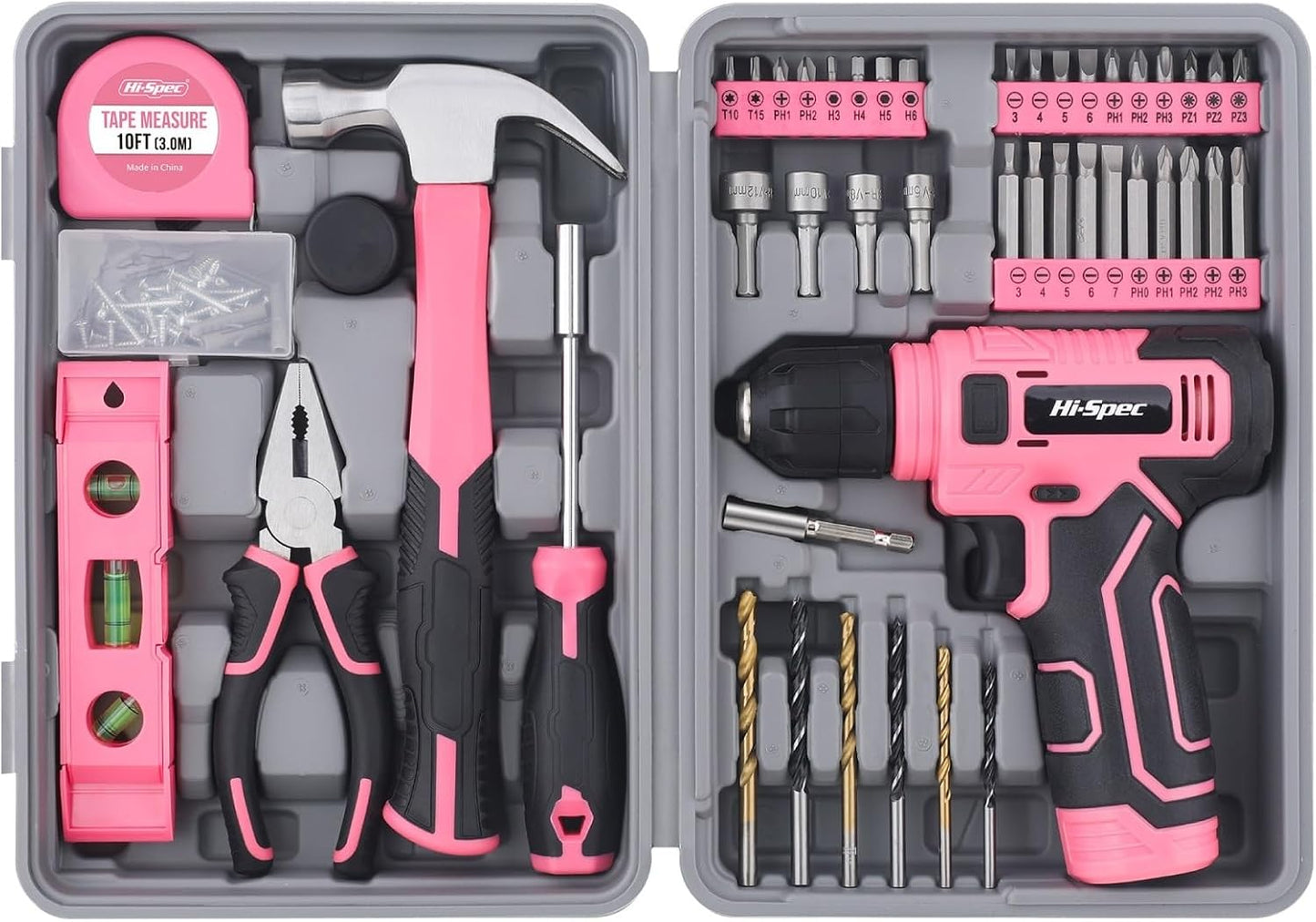 Hi-Spec Pink Tool Set with 8V Drill Set. Complete Cordless & Rechargeable USB Electric Drill Driver Kit for Women, Home DIY Repair & Maintenance, in a Compact Toolbox.