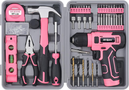 Hi-Spec Pink Tool Set with 8V Drill Set. Complete Cordless & Rechargeable USB Electric Drill Driver Kit for Women, Home DIY Repair & Maintenance, in a Compact Toolbox.