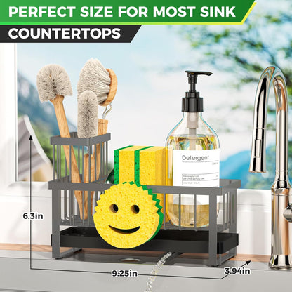 Sponge Holder for Kitchen Sink,Smiley Face Sink Caddy with Removable Brush Holder,Self-Draining Sponge Caddy for Soap,Dish Brush,Scrubber,Kitchen Essentials and Gadgets-Silver