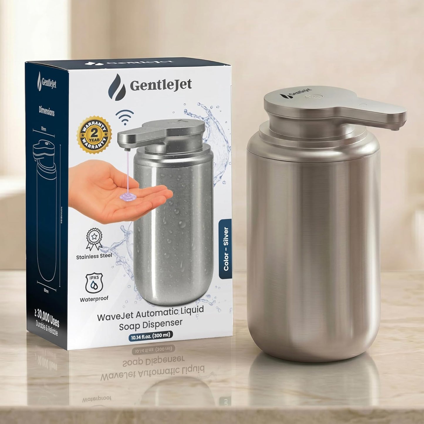 GentleJet WaveJet Automatic Foaming Soap Dispenser – Touchless Sensor, USB-C Rechargeable, 304 Stainless Steel, IPX5 Waterproof for Bathroom Kitchen Sink, 12 oz / 350 ml