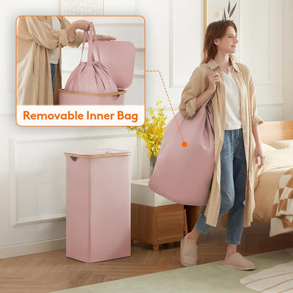 Lifewit 120L Laundry Basket with Lid, Clothes Hampers for Laundry with Bamboo Handles and 2 Removable Bag, Large Foldable Laundry Hamper for Bedroom, Bathroom, Dorm, Laundry Room, Beige