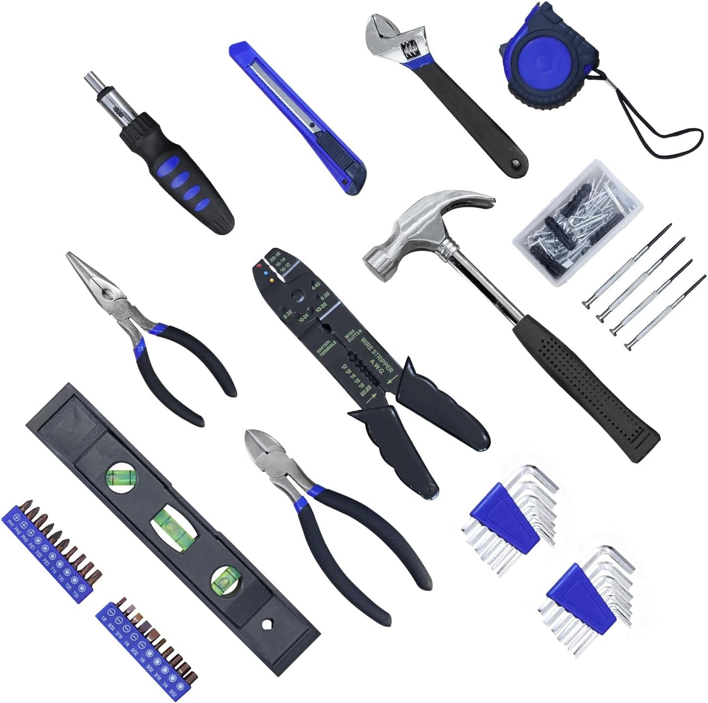 Torin 129 Piece Tool Set Household Repair Tool Kit with Plastic ToolBox, S2 tool steel adjustable wrench, driver handle, Wire Striper, measuring tape, screwdriver bits, screwdrivers Set.etc, APK129TSM