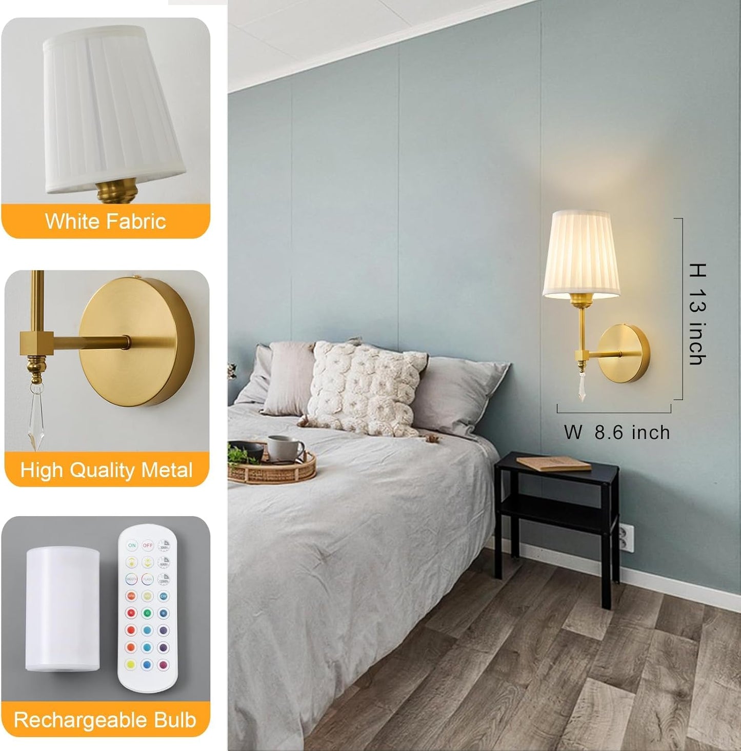 Battery Operated Wall Sconce Set of 2, 10000 Mah Rechargeable Wall Sconces Dimmable 12 RGBS,Remote Wireless Sconces,Gold Sconces Wall Decor Set of 2 Fabric,Cordless Wall Lamp for Bedroom,Living Room