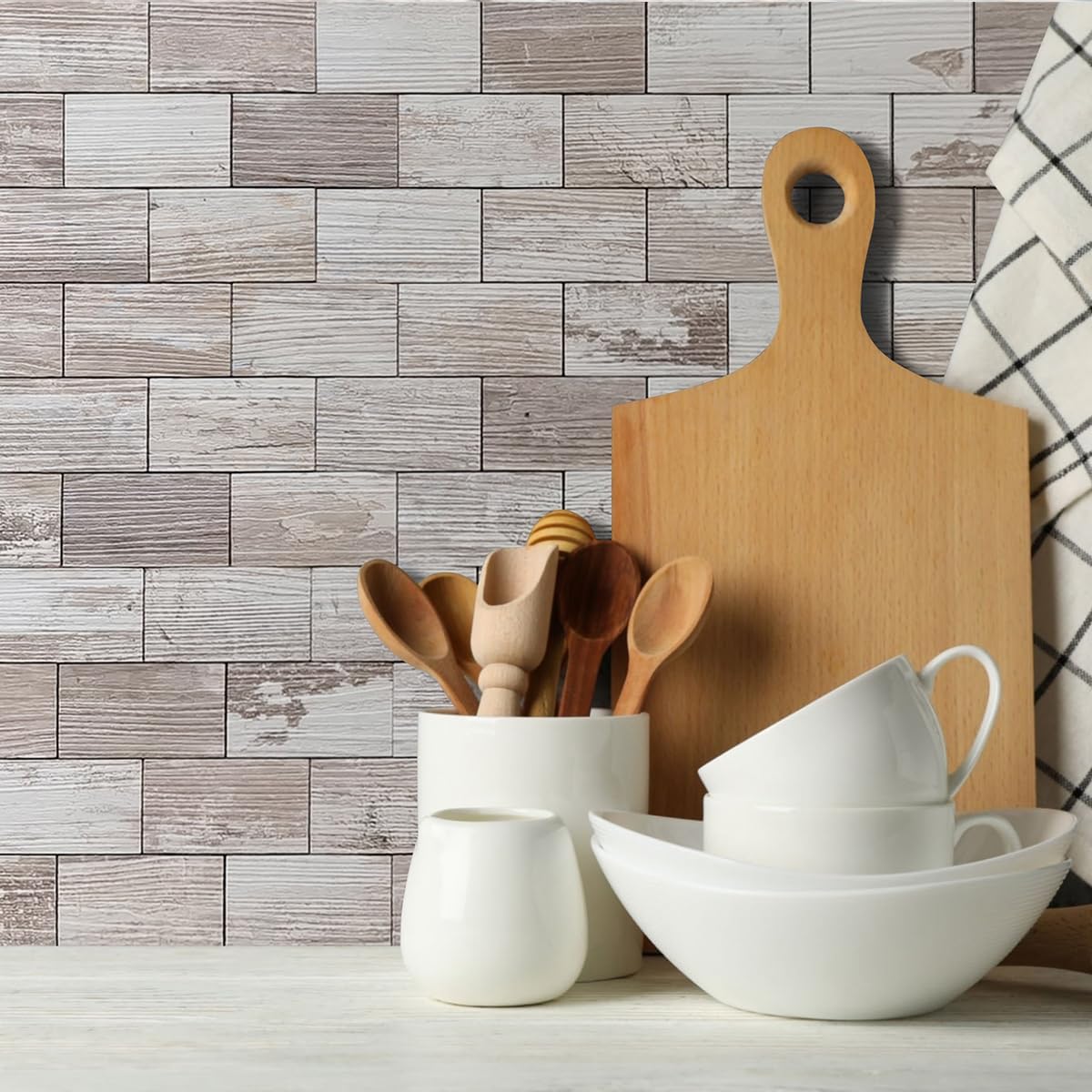 DICOFUN 10-Sheet Polished White Thick PVC Peel and Stick Backsplash, Ceramic Look Subway Tile White Kitchen Backsplash Peel and Stick Wall Tiles