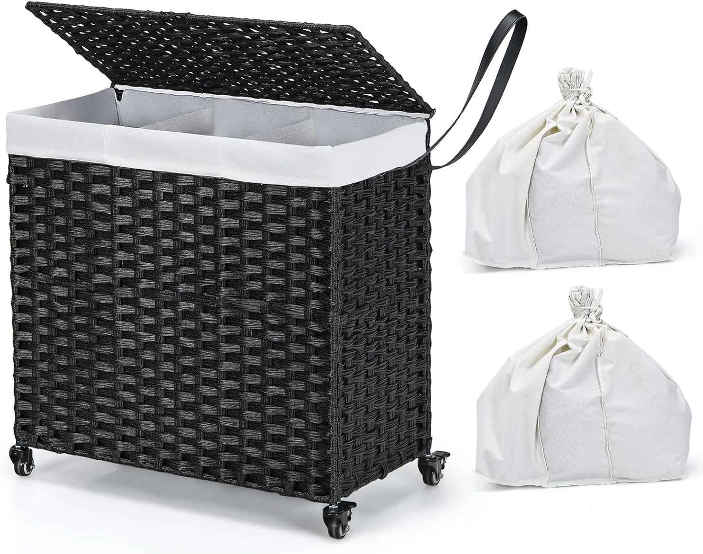 Giantex Laundry Hamper w/Wheels, 3 Section Hamper 125L w/2 Removable Liner Bags, Handwoven Rattan Divided Laundry Basket w/Lid and Handle for Laundry Sorter for Bathroom Bedroom (Brown)