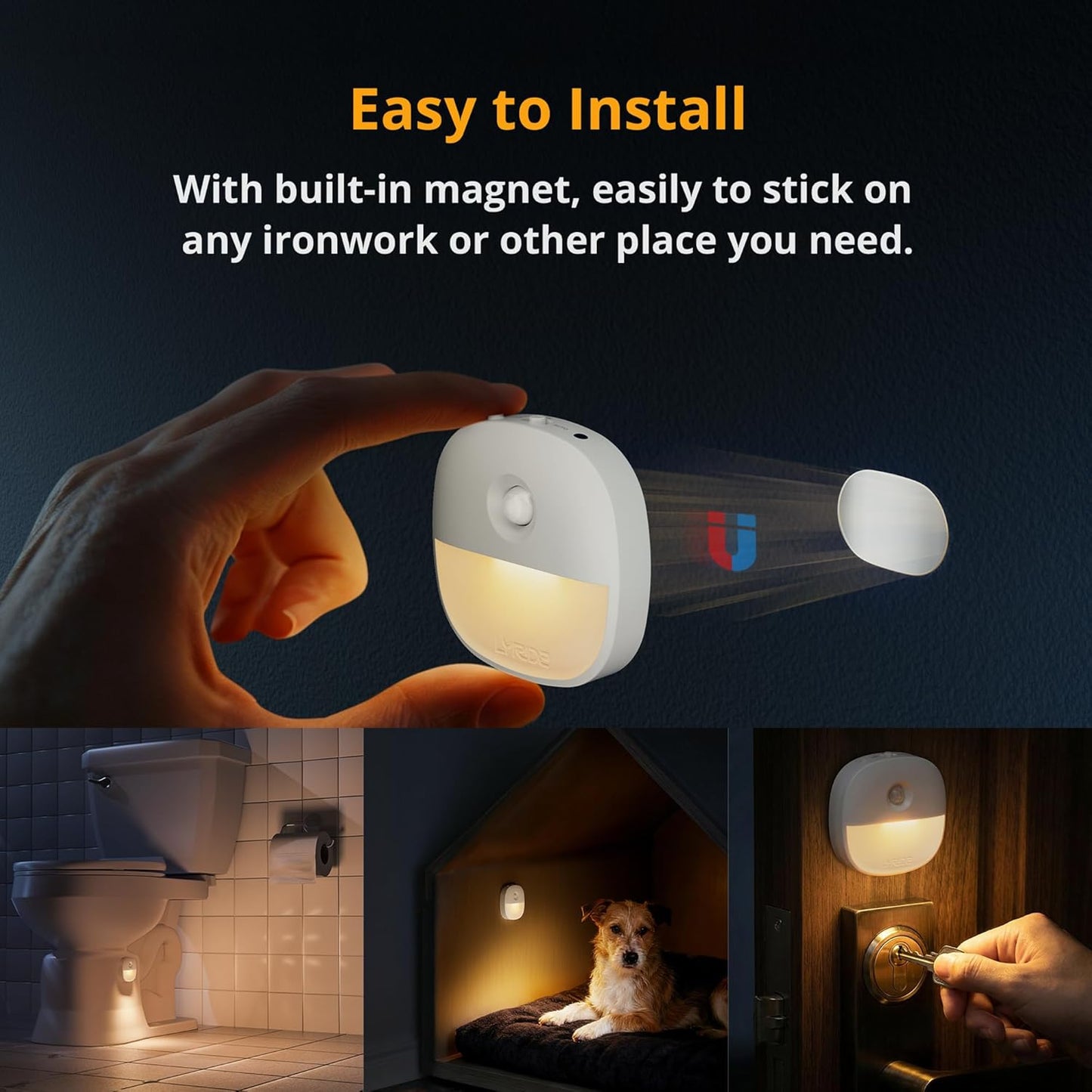 Lyridz Rechargeable Night Light, Motion Sensor Battery Nightlight, Mini Stick-on LED Closet Light, 1-20LM Dimmable Brightness for Bathroom, Bedroom, Kitchen, Washroom, Stairs, Hallway, 3-Pack