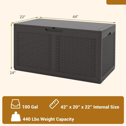 Tangkula 100 Gallon Outdoor Storage Box, Lockable Outdoor Storage Bench with 2 Smooth Wheels, Faux Rattan Surface, Waterproof Resin Deck Box for Outside Poolside Patio Garden (Brown)