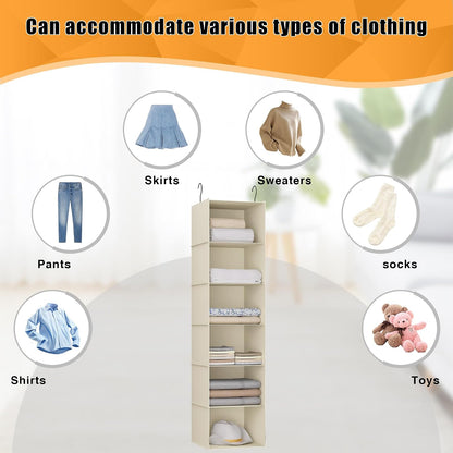 Hanging Closet Organizer 3-Shelf, Oxford Fabric Wardrobe Storage, Gray | Easy-mount foldable design holds clothes, handbags, shoes & accessories; washable Oxford fabric, sturdy and space-saving.