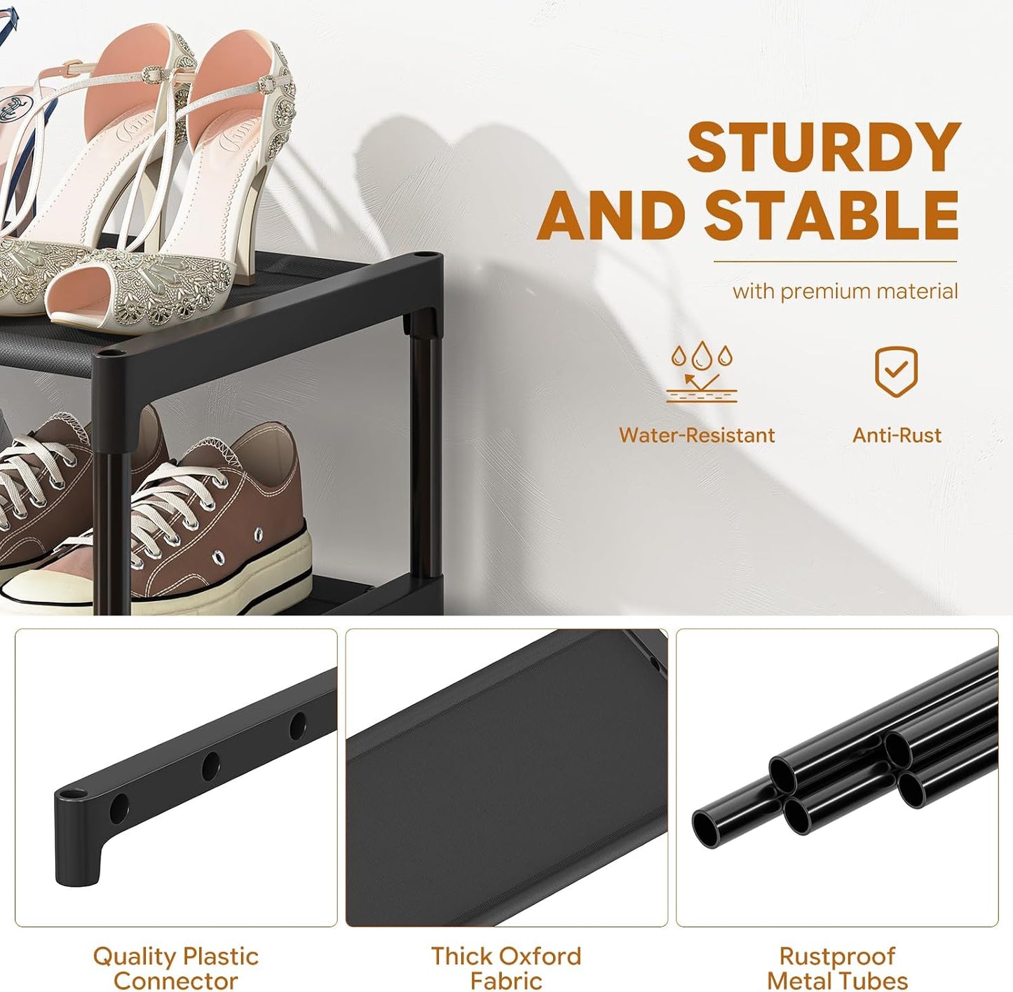 Simple Trending 3-Tier Stackable Shoe Rack, Expandable & Adjustable Shoe Shelf Storage Organizer, Wire Grid, Black